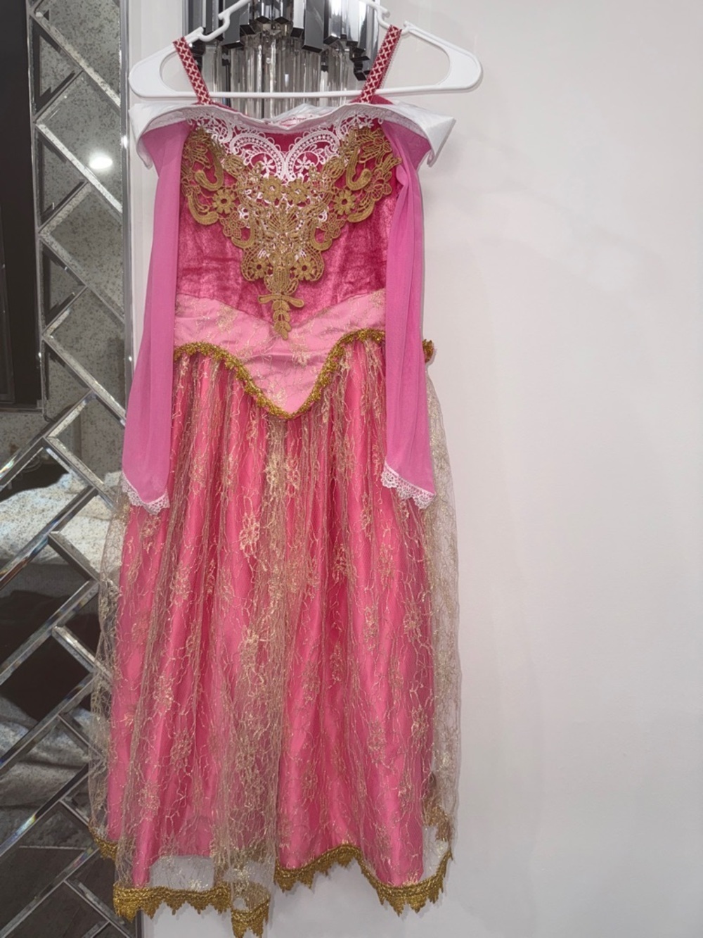 Kids Pink Princess aurora Costume Dress with Gold Trim and gold shimmery lace
